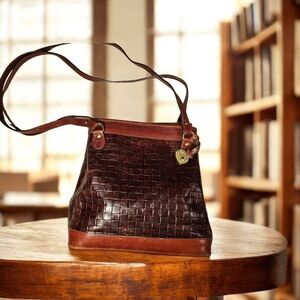 Brahmin Chocolate Brown Woven Leather Shoulder Bag with Brass Charm